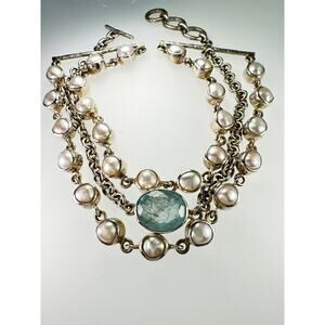 Aquamarine Pearl Sterling Handmade Chain Multi Strand Bracelet 925 Silver